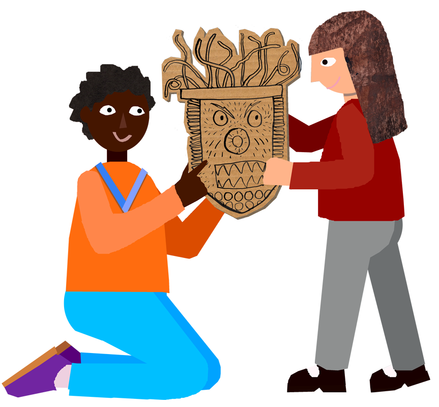 Illustration of two young people holding a cardboard mask and smiling at each other