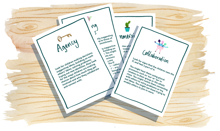 Illustration of cards with 'Agency' and 'Collaboration' written on them