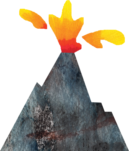 Illustrated volcano with bright red and yellow lava 