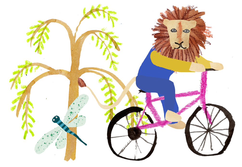 Illustration of a lion on a bike with a tree and dragonfly